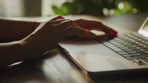 Close Woman Hands Scrolling Touchpad Begin Typing Laptop Computer Indoors — Stock Video