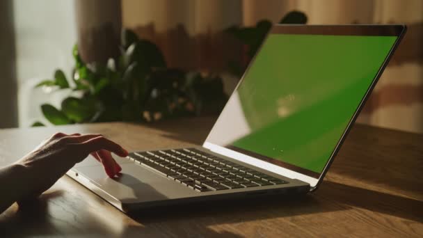 Kaukaska Kobieta Ręce Przesuwając Laptopie Touchpad Zielonym Ekranie Chroma Klucz — Wideo stockowe