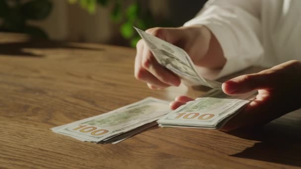 Handheld Close Caucasian Woman Hands Counting Money 100 Dollar Bills — Video Stock