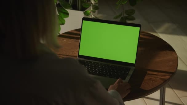 Handheld Shot Woman Watching Laptop Computer Green Screen Chroma Key — Stockvideo