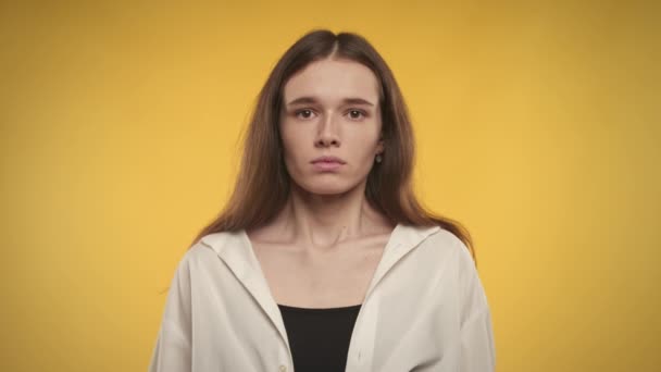 Woman Taking Deep Breath Exhale Bright Yellow Background Studio Slow — Wideo stockowe