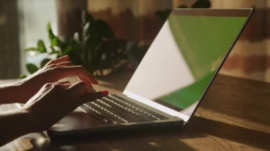 Günbatımında yeşil ekran krom anahtarı olan bir dizüstü bilgisayarın klavyesinde yazı yazan beyaz kadın ellerini kapat.