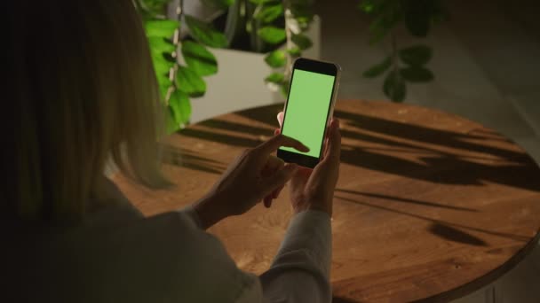 Handheld Close Caucasian Woman Hand Holding Smart Phone Green Screen — Stockvideo