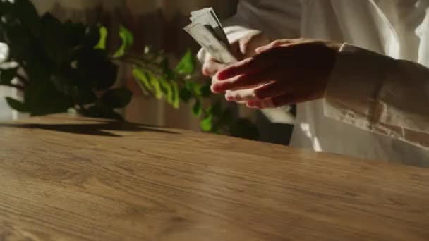 Handheld Close Caucasian Woman Hands Counting Money 100 Dollar Bill — Video Stock