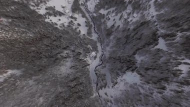 Top view of forest cabins covered in snow and a river in the middle outside