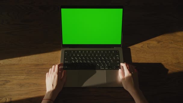 Woman Hands Resting Laptop Computer Keyboard Chromakey Green Screen Leaving — Wideo stockowe
