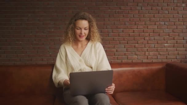 Caucasian Woman Greeting Video Call Using Laptop Computer Handheld Slow — Stockvideo