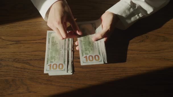 Top View Caucasian Woman Hands Counting Cash Money Dollar Bills — Stockvideo