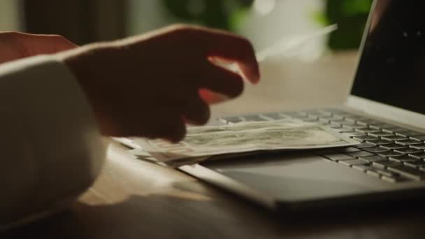 Handheld Closee Caucasian Woman Hands Counting Money 100 Dollar Bill — Stock Video