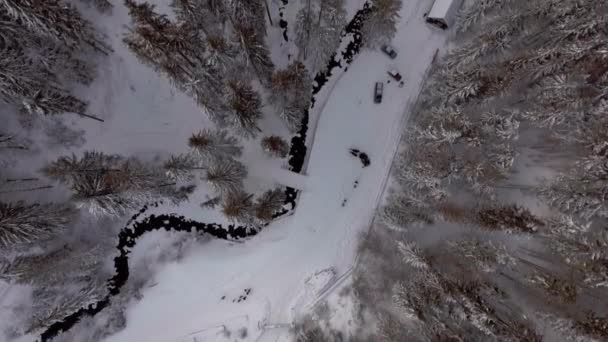 Top View Flying Forest Cabins Covered Snow River Wintertime — Stock Video