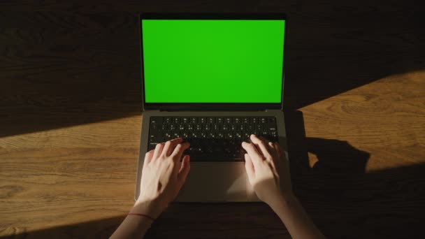Γυναικεία Χέρια Ακουμπισμένα Στο Πληκτρολόγιο Του Φορητού Υπολογιστή Χρωματιστή Πράσινη — Αρχείο Βίντεο
