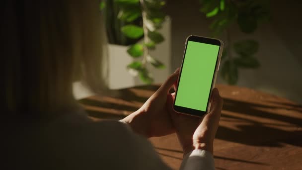 Handheld Close Shot Woman Holding Vertical Smart Phone Green Screen — Vídeos de Stock