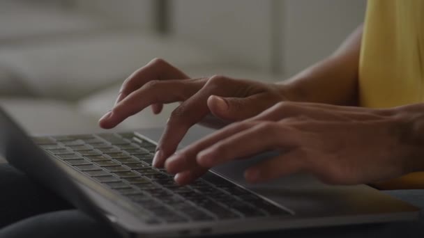 Close African American Woman Hands Typing Laptop Keyboard Handheld Pivotion — стоковое видео