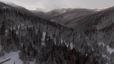 Aerial view flying over the forests in the wintertime mountains while snowing with a scenery