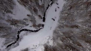 Top view flying over forest cabins covered in snow over a river in wintertime