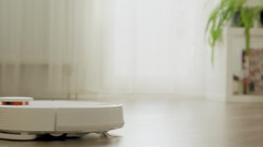 Beyaz bir elektrikli süpürge robotu arka planda bitkiler olan parlak bir apartmanın içinde ahşap bir zemini temizliyor.