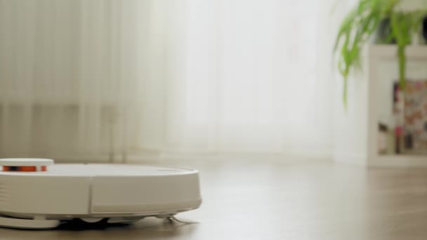 Sebuah Robot Pel Vakum Putih Membersihkan Lantai Kayu Interior Apartemen — Stok Video