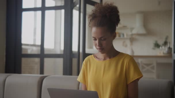 Young Adult African American Woman Working Her Laptop Computer Loft — ストック動画