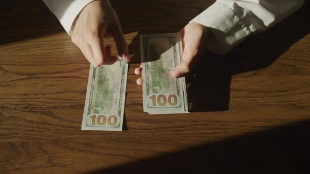 Top View Caucasian Woman Hands Counting Cash Money Dollar Bills — Stockvideo