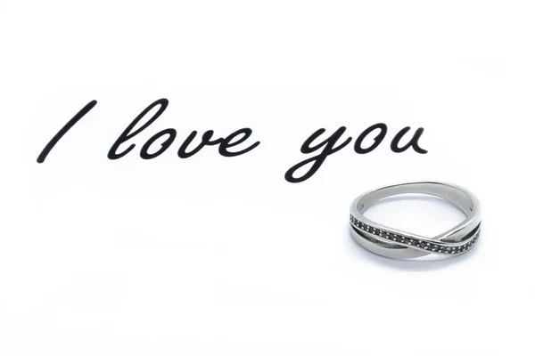 Inscription Love You White Background Text Silver Ring Valentines Day — Foto de Stock