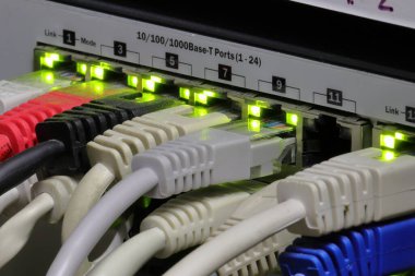 UTP kabloları şaltere bağlı. Bilgisayar ağı. İletişim bağlantısı.