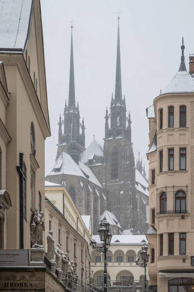Brno Czech Republic Petrov Cathedral Saints Peter Paul Snow Winter — Stock Photo, Image