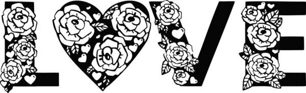 Ροζ Τριαντάφυλλα Αγαπη Γράμματα Μοτίβο Μαύρο Φόντο Και Απεικόνιση — Διανυσματικό Αρχείο