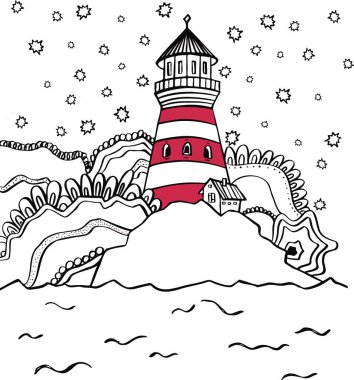 Çizgi vektörü deniz feneri liman iskele simgesi logosu siyah