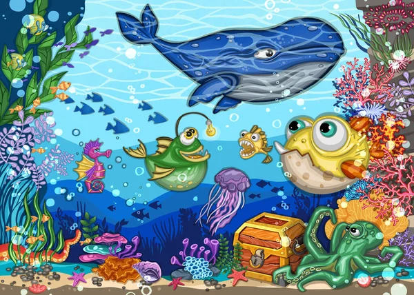 Peces Mundo Submarino Dibujo Mano Alzada Estilo Dibujos Animados Ilustración — Foto de Stock