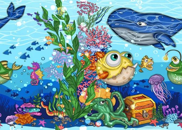 Peces Mundo Submarino Dibujo Mano Alzada Patrón Dibujos Animados Estilo — Foto de Stock