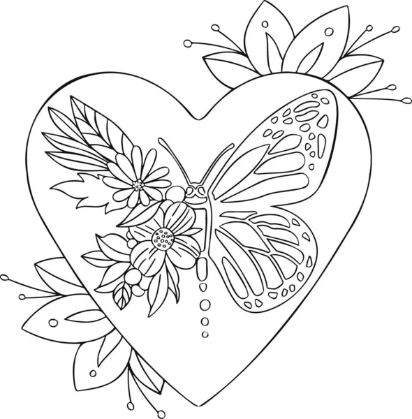 Papillon Ethnique Dans Livre Coloriage Ligne Coeur — Image vectorielle