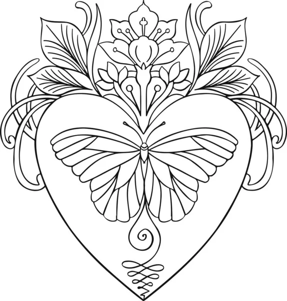 Ethnic Butterfly Heart Line Coloring Book — 图库矢量图片