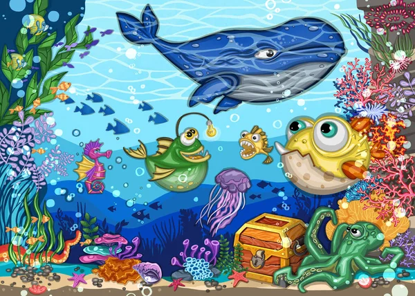 Podvodní Svět Ryb Freehand Kreslení Kreslený Styl Vysoce Kvalitní Ilustrace — Stock fotografie