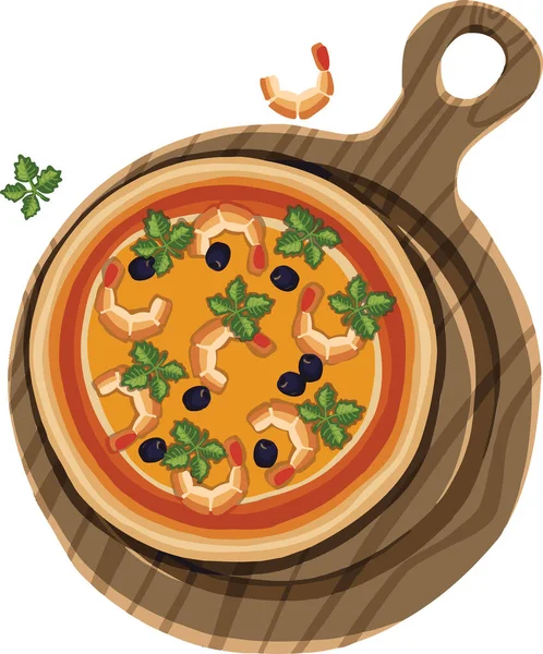 Handgezeichnete Pizza Mit Garnelen Auf Schneidebrett Illustration — Stockvektor