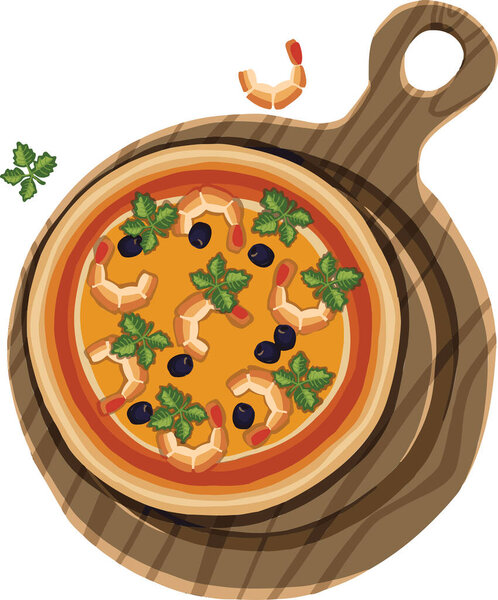 hand drawn pizza with shrimps on cutting board illustration