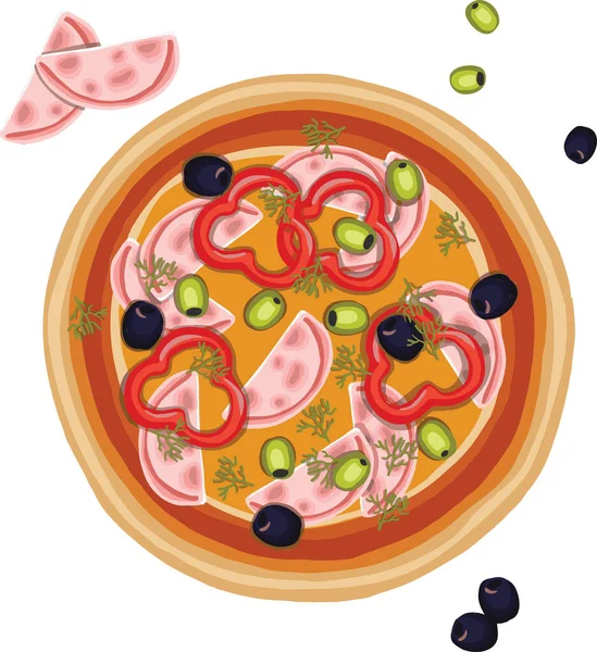 Pizza Disegnata Mano Con Olive Peperoni Illustrazione — Vettoriale Stock