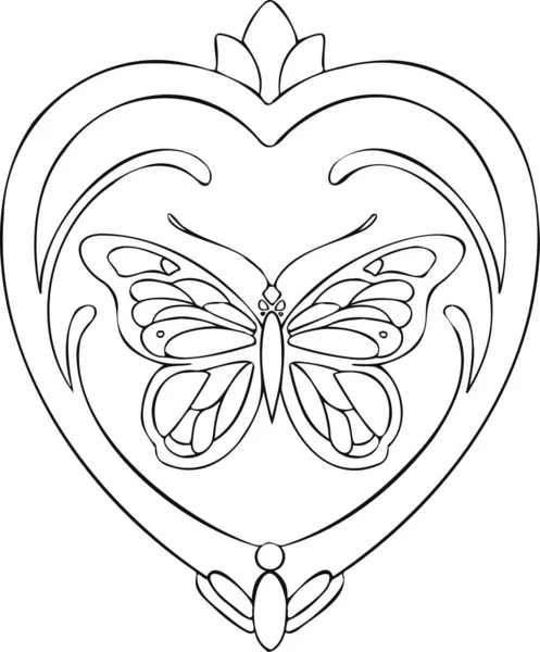 Ethnic butterfly in heart line hand drawn coloring book — Stockvektor