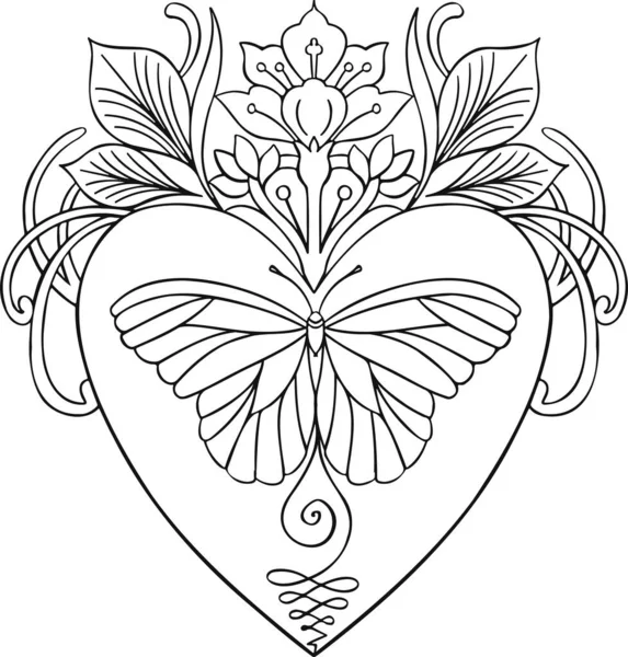 Mariposa étnica en línea de corazón dibujado a mano para colorear libro — Vector de stock