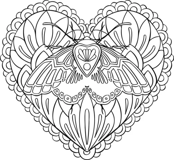 Ethnic butterfly in heart line hand drawn coloring book — 스톡 벡터