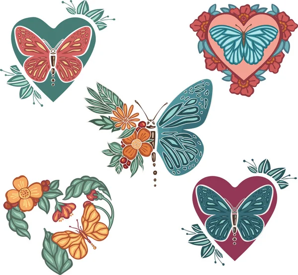 Hermoso Color Étnico Amor Mariposas Mano Dibujado — Vector de stock