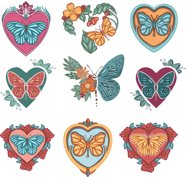 Schöne Farbige Ethnische Liebe Schmetterlinge Von Hand Gezeichnet — Stockvektor