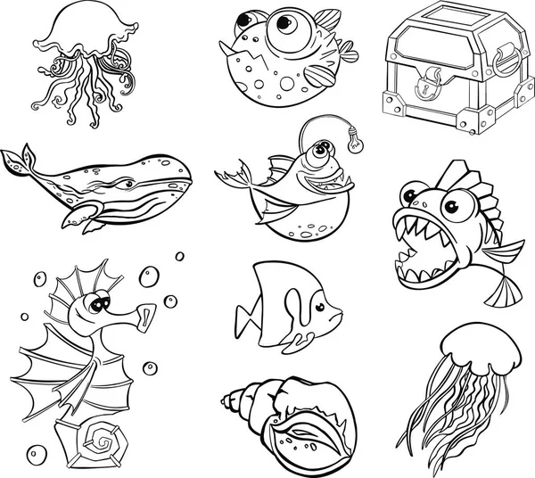 Conjunto de línea de peces marinos vector símbolo dibujado a mano — Archivo Imágenes Vectoriales