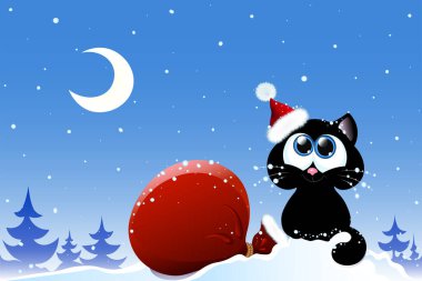 Noel Baba şapkalı şirin siyah kedi Noel Baba çantasıyla oturuyordu.