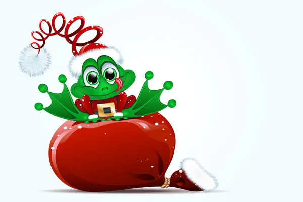 滑稽可爱的青蛙穿着圣诞老人的服装坐在圣诞老人的袋子上 圣诞贺卡 — 图库矢量图片