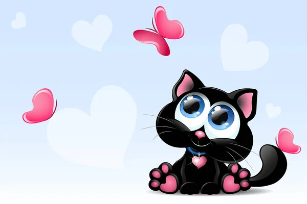 Lindo Gato Negro Con Collar Corazón Fondo Azul Claro Con — Vector de stock