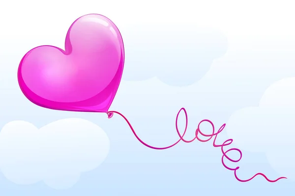 Serce Kształt Różowy Balon Tle Nieba Słowo Miłość Wstążki — Wektor stockowy