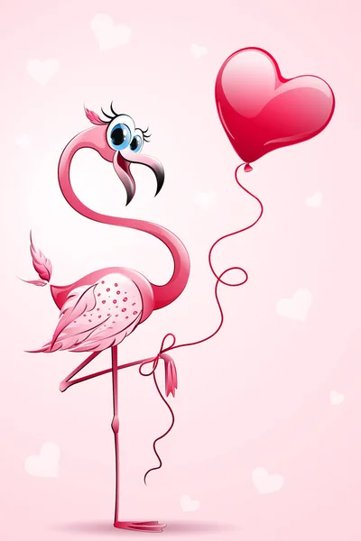 Cartoon Pink Smiling Flamingo Red Heart Shape Balloon — Stockvektor