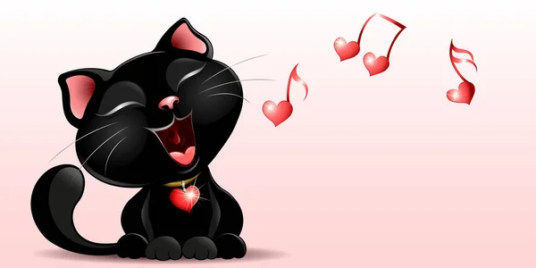 Cute Black Cat Heart Collar Sings Love Song Valentine Day — стоковый вектор