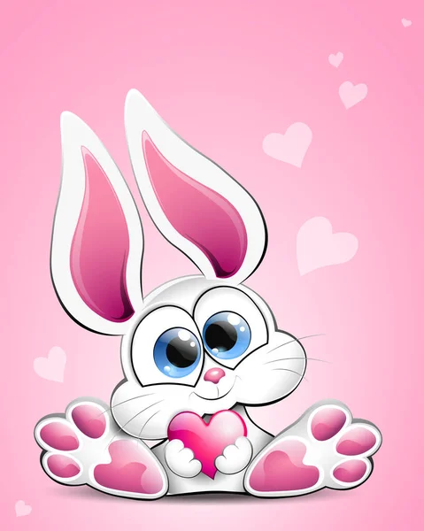 可爱的卡通兔子与心脏在他的手中 情人节卡片 — 图库矢量图片