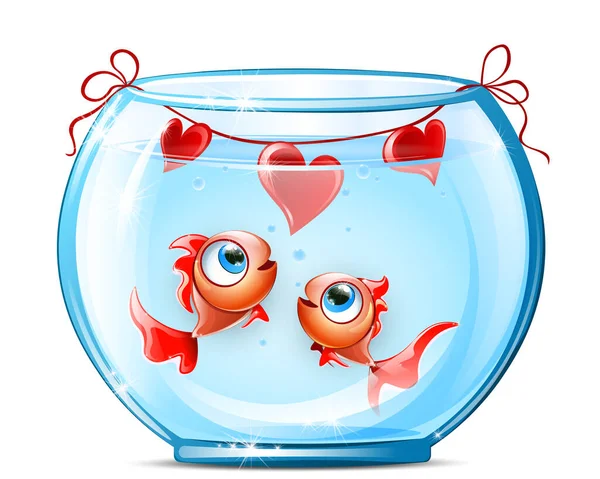 Couple Cartoon Red Fishes Aquarium Hearts Rope Valentine Day Party — Stockvektor